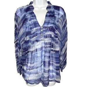 Casual Studio Womens Blue Sheer Abstract Pintuck Blouse S Excellent Boho V-Neck